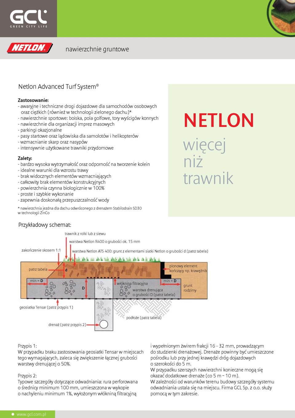 skarp oraz nasypów - intensywnie użytkowane trawniki przydomowe Zalety: - bardzo wysoka wytrzymałość oraz odporność na tworzenie kolein - idealne warunki dla wzrostu trawy - brak widocznych elementów