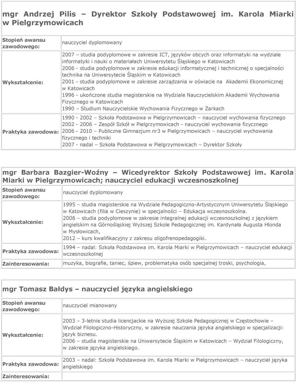 studia podyplomowe w zakresie edukacji informatycznej i technicznej o specjalności technika na Uniwersytecie Śląskim w Katowicach 2001 - studia podyplomowe w zakresie zarządzania w oświacie na