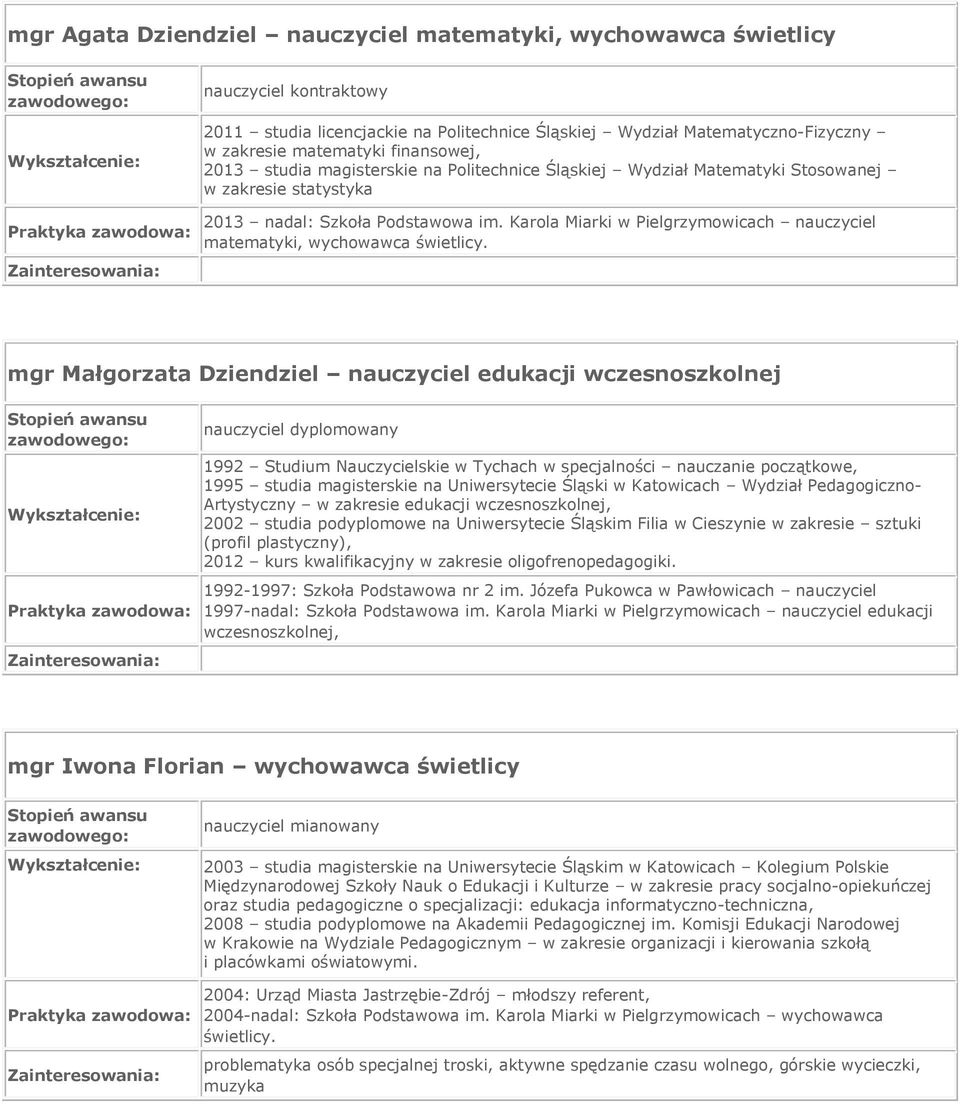 Karola Miarki w Pielgrzymowicach nauczyciel matematyki, wychowawca świetlicy.