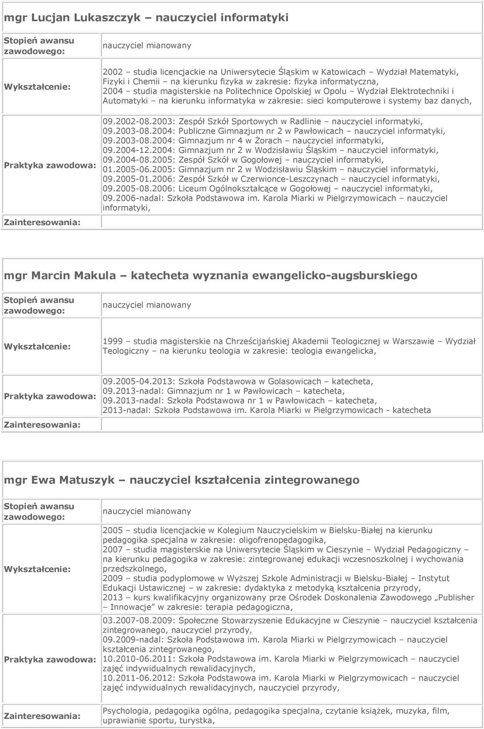 2003: Zespół Szkół Sportowych w Radlinie nauczyciel informatyki, 09.2003-08.2004: Publiczne Gimnazjum nr 2 w Pawłowicach nauczyciel informatyki, 09.2003-08.2004: Gimnazjum nr 4 w Żorach nauczyciel informatyki, 09.