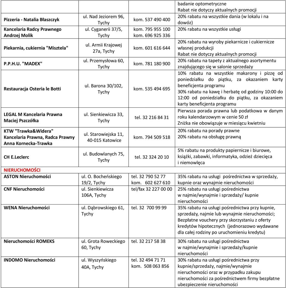 Leclerc NIERUCHOMOŚCI ASTON Nieruchomości CNF Nieruchomości ul. Nad Jeziorem 96, ul. Cyganerii 37/5, 27a, ul. Przemysłowa 60, ul. Barona 30/102, ul. Sienkiewicza 33, ul.