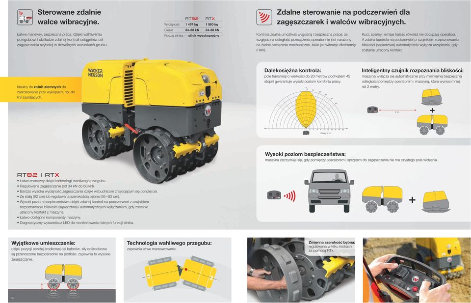 RT82 RTX Wydajność 1 497 kg 1 560 kg Ciężar 34 68 kn 34 68 kn silnik wysokoprężny Kontrola zdalna umożliwia wygodną i bezpieczną pracę: ze względu na odległość przeciążenia operator nie jest narażony