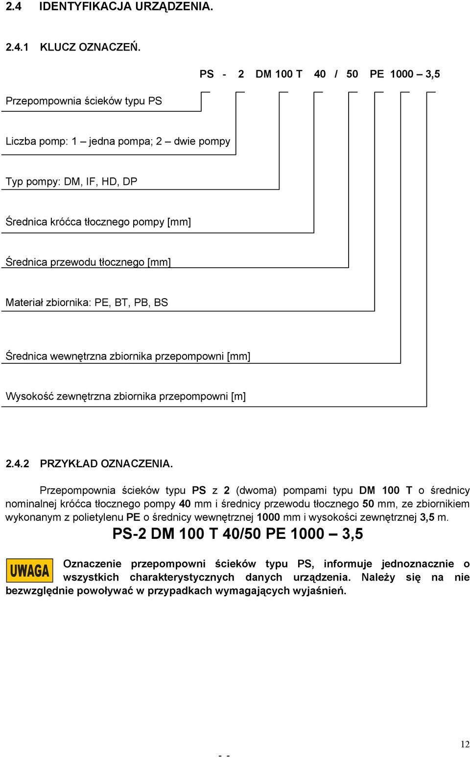 [mm] Materiał zbiornika: PE, BT, PB, BS Średnica wewnętrzna zbiornika przepompowni [mm] Wysokość zewnętrzna zbiornika przepompowni [m] 2.4.2 PRZYKŁAD OZNACZENIA.