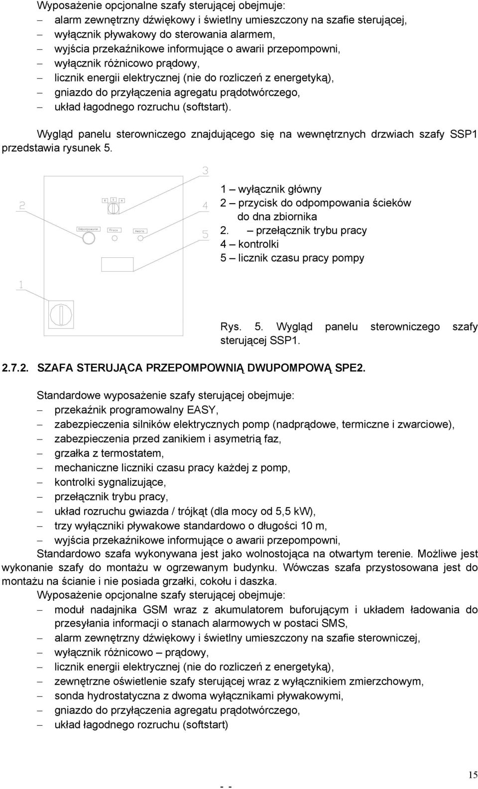 Wygląd panelu sterowniczego znajdującego się na wewnętrznych drzwiach szafy SSP1 przedstawia rysunek 5. 1 wyłącznik główny 2 przycisk do odpompowania ścieków do dna zbiornika 2.