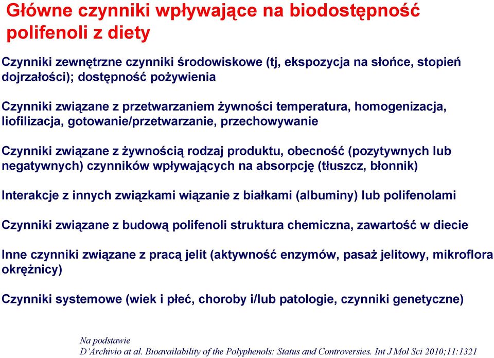 czynników wpływających na absorpcję (tłuszcz, błonnik) Interakcje z innych związkami wiązanie z białkami (albuminy) lub polifenolami Czynniki związane z budową polifenoli struktura chemiczna,