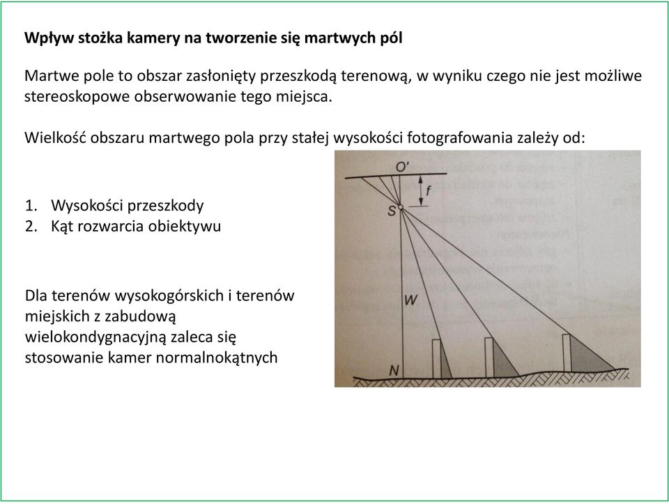 Wielkość obszaru martwego pola przy stałej wysokości fotografowania zależy od: 1. Wysokości przeszkody 2.