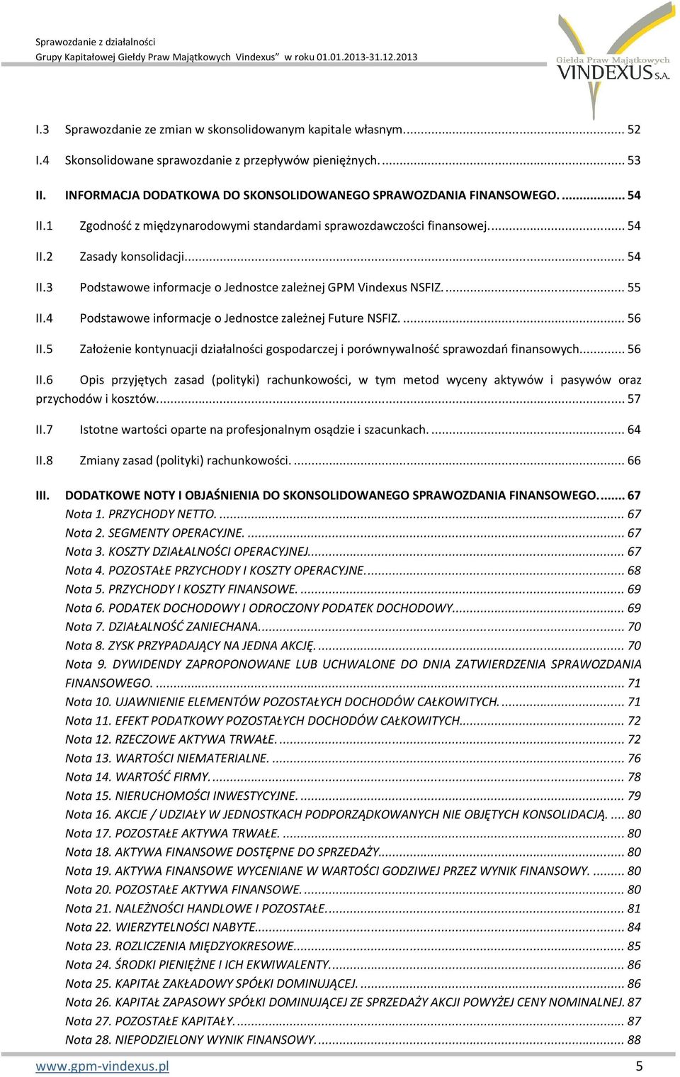 1 Zgodność z międzynarodowymi standardami sprawozdawczości finansowej.... 54 II.2 Zasady konsolidacji.... 54 II.3 Podstawowe informacje o Jednostce zależnej GPM Vindexus NSFIZ.... 55 II.