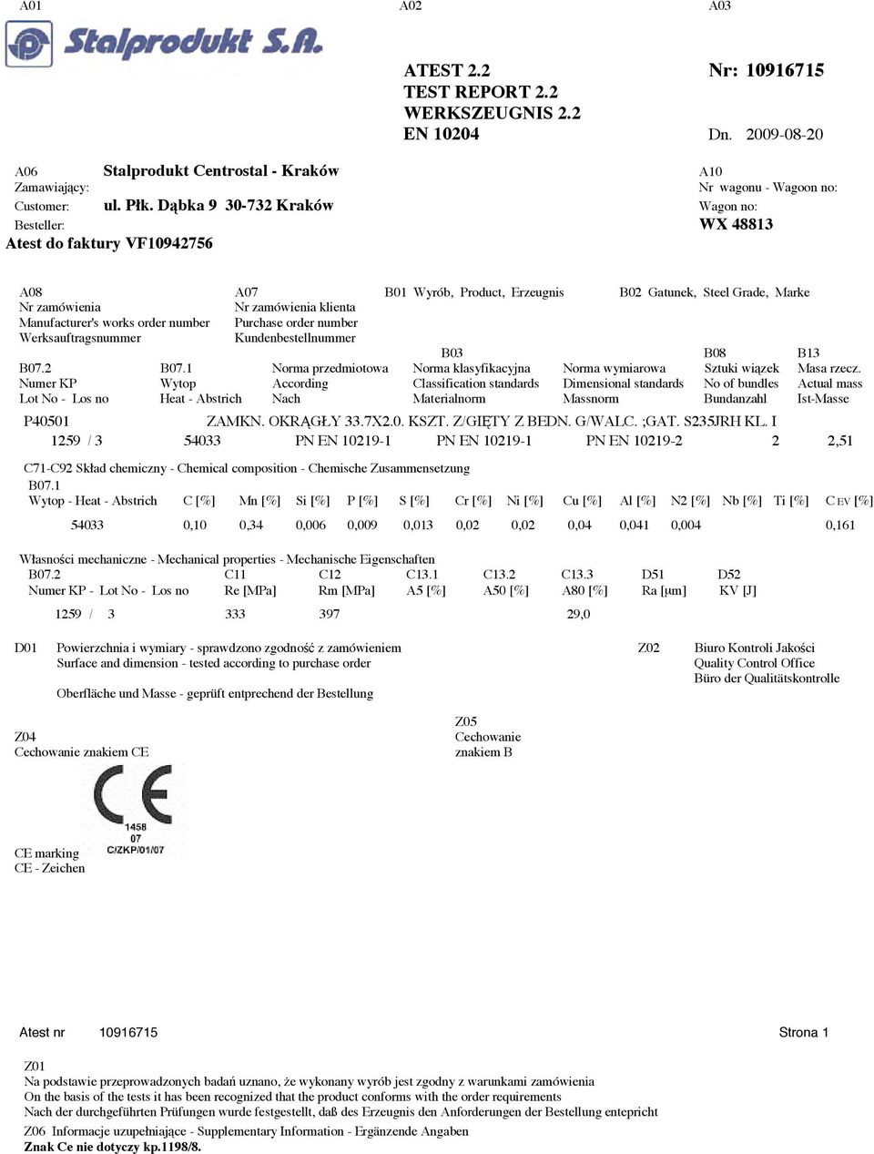 Manufacturer's works order number Purchase order number Werksauftragsnummer Kundenbestellnummer B03 B08 B13 B07.2 B07.