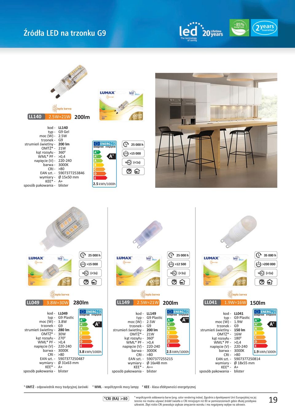 8W G9 280 lm 30W 270 0 >0,4 2-240 5907377250487 Ø 31x63 mm blister 3.8 kwh/1000h LL149 G9 Plastic 2.5W G9 0 lm 21W 360 0 >0,4 2-240 5907377255215 Ø 16x48 mm + blister 2.5 kwh/1000h LL041 G9 Plastic 1.
