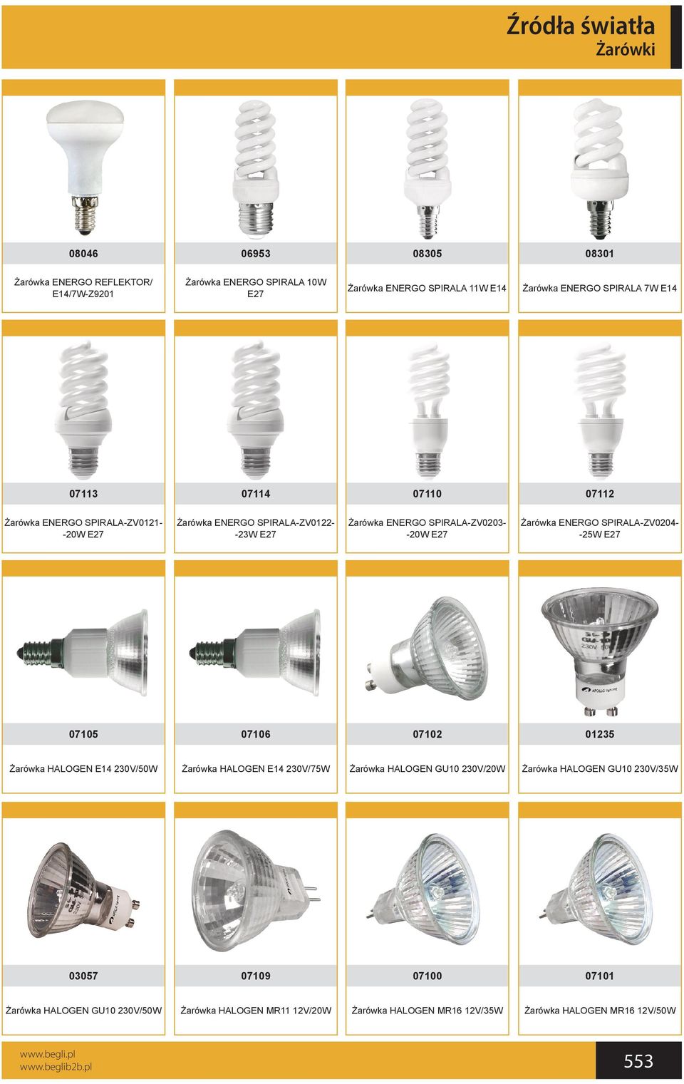 ENERGO SPIRALA-ZV0204- -25W E27 07105 07106 07102 01235 Żarówka HALOGEN E14 230V/50W Żarówka HALOGEN E14 230V/75W Żarówka HALOGEN GU10 230V/20W Żarówka