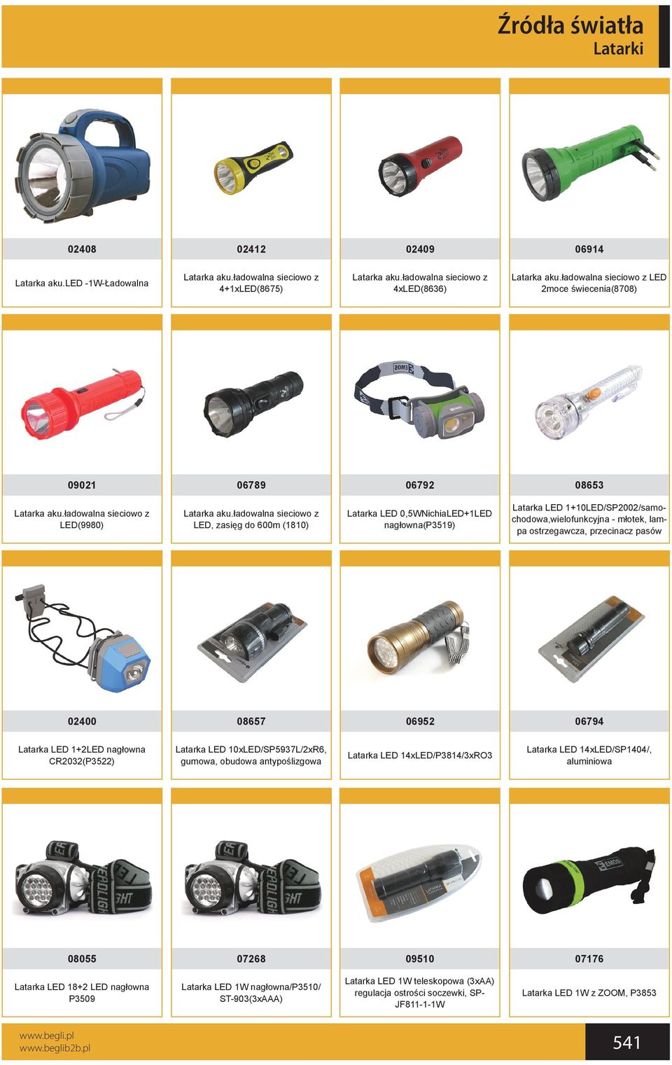 ładowalna sieciowo z LED, zasięg do 600m (1810) Latarka LED 0,5WNichiaLED+1LED nagłowna(p3519) Latarka LED 1+10LED/SP2002/samochodowa,wielofunkcyjna - młotek, lampa ostrzegawcza, przecinacz pasów