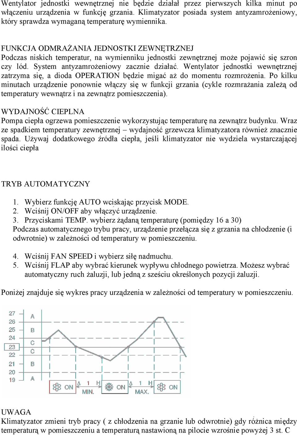 FUNKCJA ODMRAŻANIA JEDNOSTKI ZEWNĘ TRZNEJ Podczas niskich temperatur, na wymienniku jednostki zewnętrznej może pojawić się szron czy lód. System antyzamrożeniowy zacznie działać.