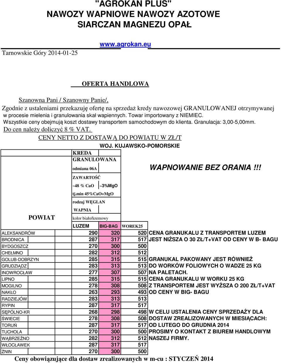Towar importowany z NIEMIEC. Wszystkie ceny obejmują koszt dostawy transportem samochodowym do klienta. Granulacja: 3,00-5,00mm. Do cen należy doliczyć 8 % VAT.