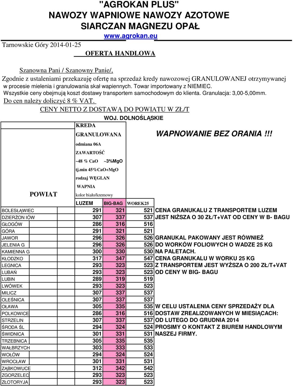 granulowania skał wapiennych. Towar importowany z NIEMIEC. Wszystkie ceny obejmują koszt dostawy transportem samochodowym do klienta. Granulacja: 3,00-5,00mm. Do cen należy doliczyć 8 % VAT.