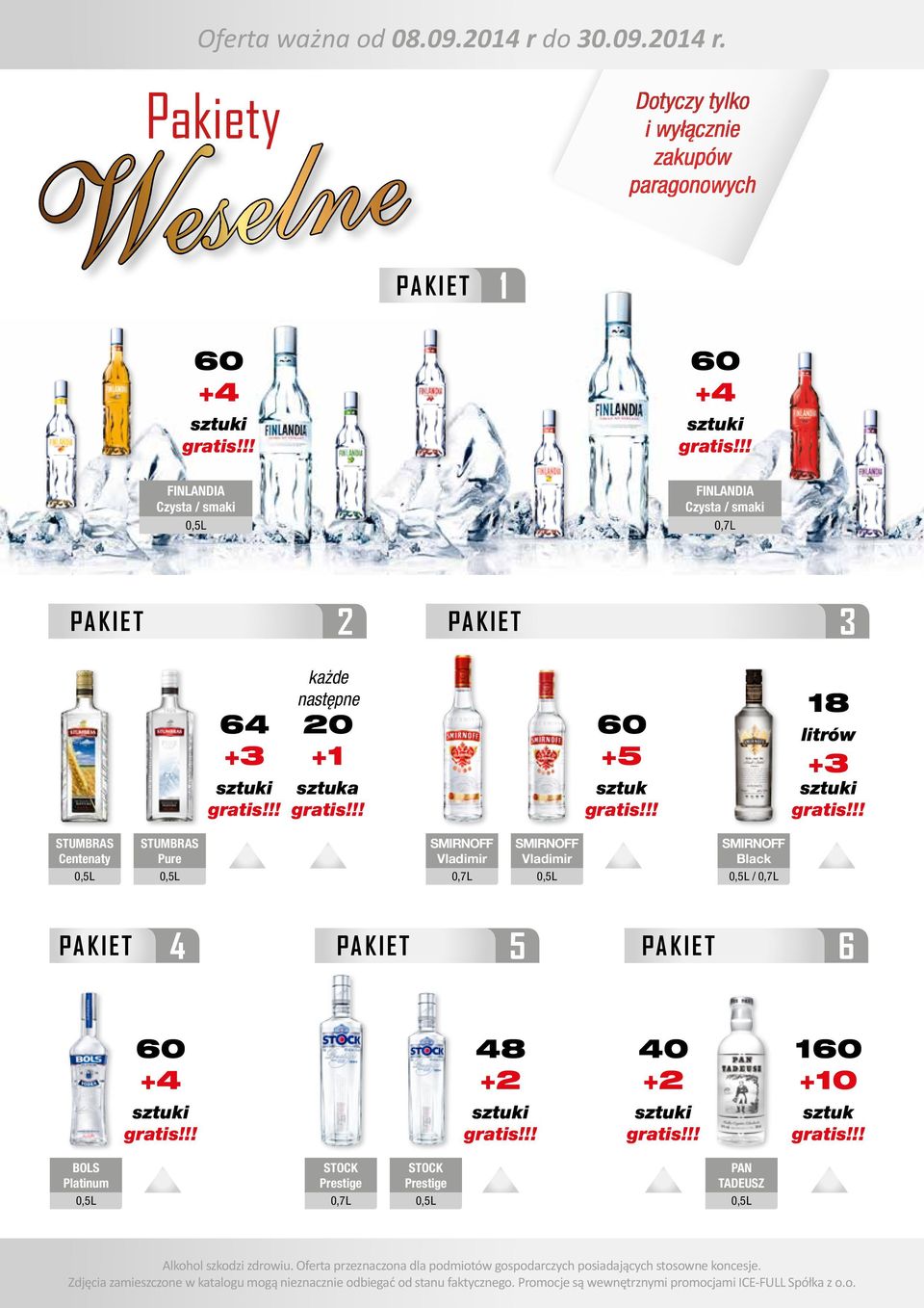 Pakiety Weselne PAKIET 1 Dotyczy tylko i wyłącznie zakupów paragonowych 60 +4 sztuki 60 +4 sztuki FINLANDIA Czysta / smaki 0,5 L FINLANDIA