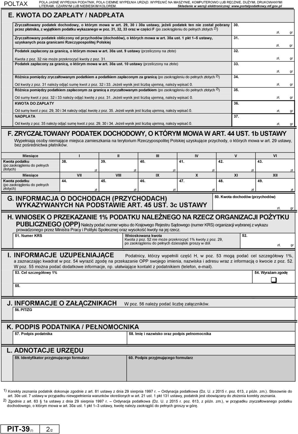 31 32 33 oraz w części F otych 2) ) Zryczałtowany podatek obliczony od przychodów (dochodów) o których mowa w art. 30a ust.