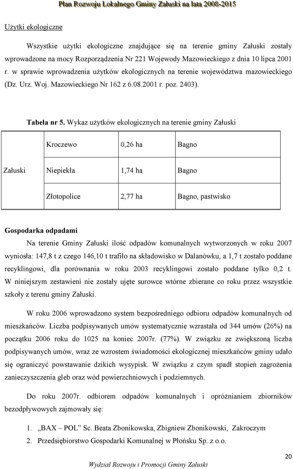 Wykaz użytków ekologicznych na terenie gminy Załuski Kroczewo 0,26 ha Bagno Załuski Niepiekła 1,74 ha Bagno Złotopolice 2,77 ha Bagno, pastwisko Gospodarka odpadami Na terenie Gminy Załuski ilość
