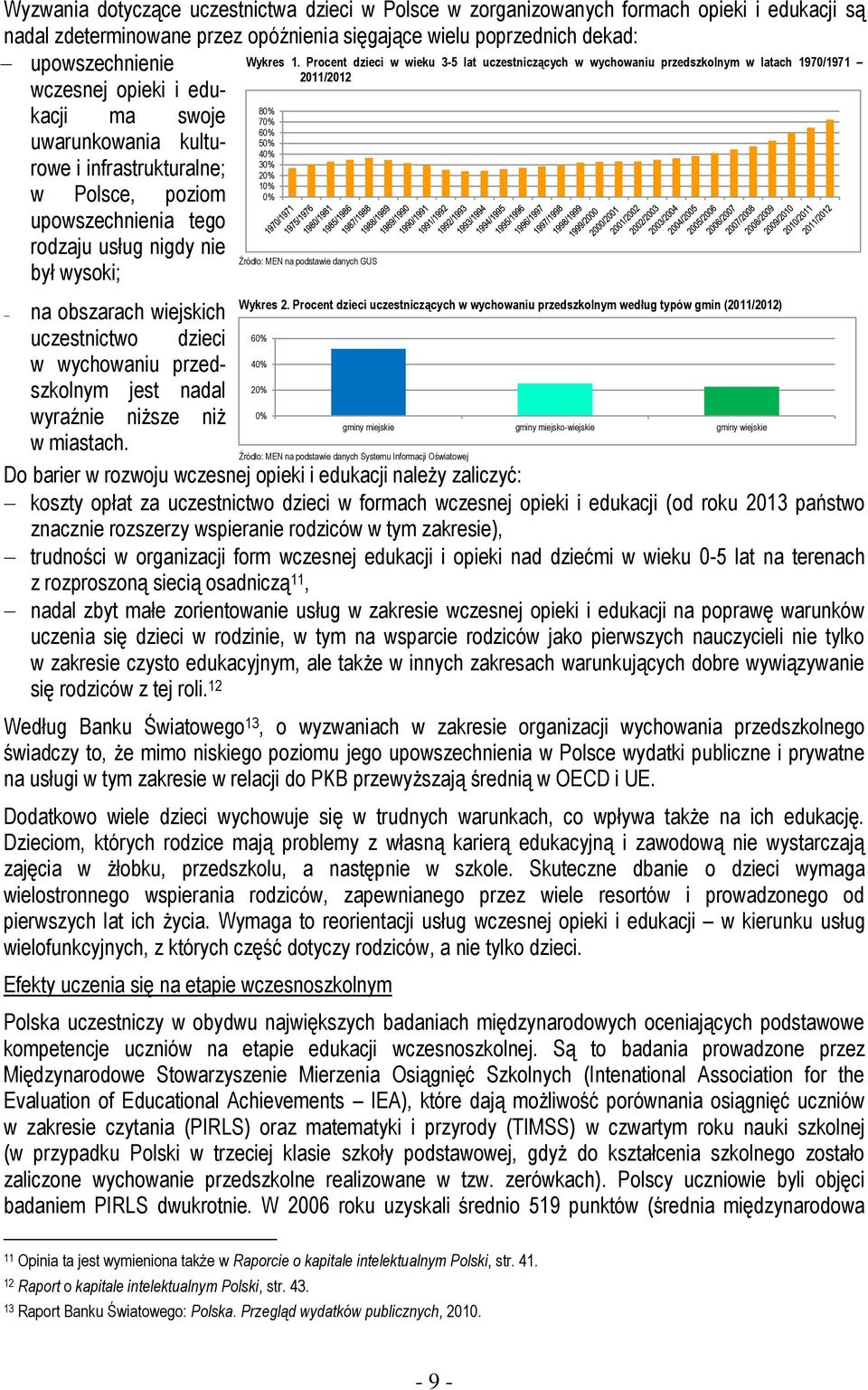 Procent dzieci w wieku 3-5 lat uczestniczących w wychowaniu przedszkolnym w latach 1970/1971 2011/2012 80% 70% 60% 50% 40% 30% 20% 10% 0% Źródło: MEN na podstawie danych GUS Wykres 2.