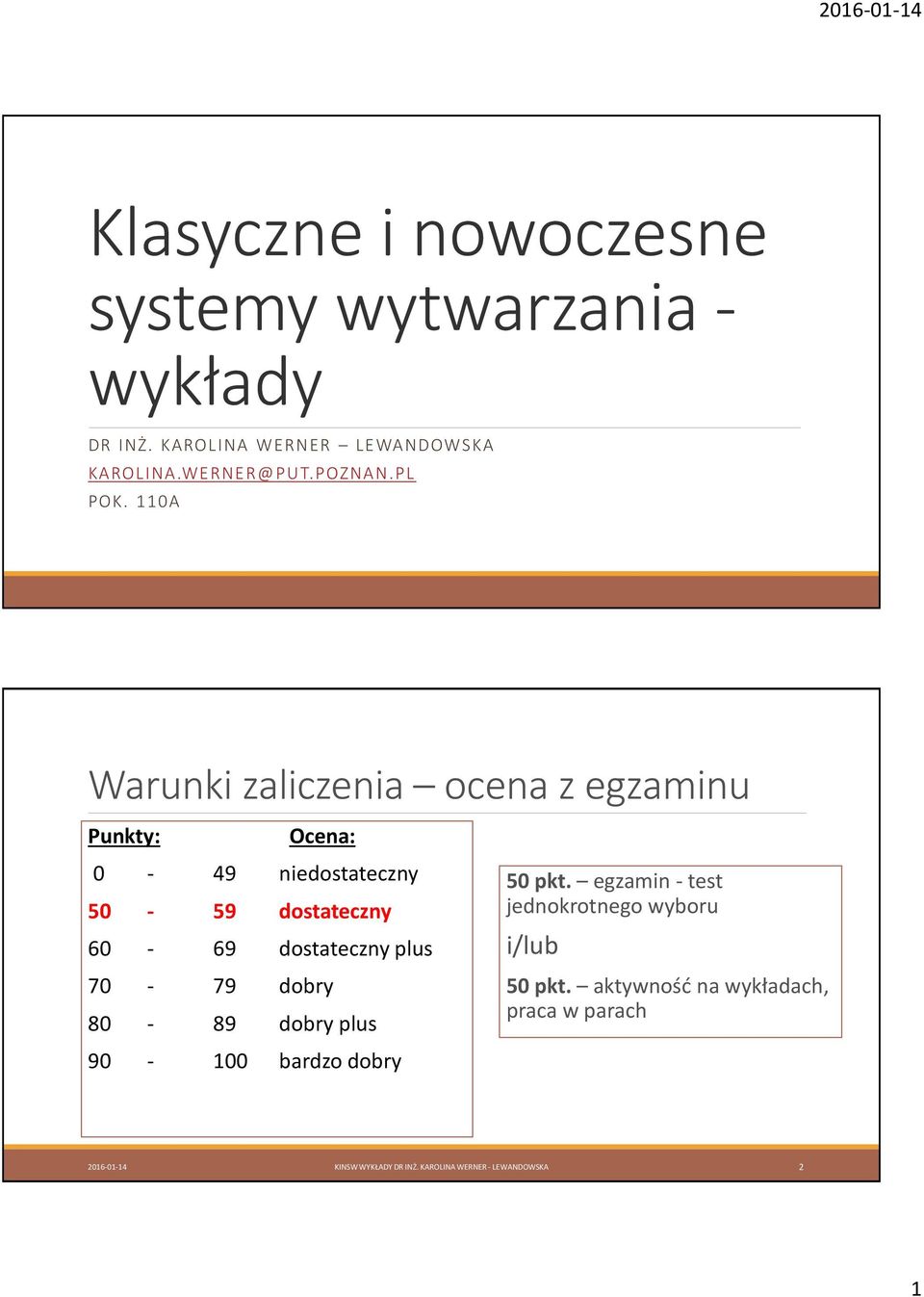 110A Warunki zaliczenia ocena z egzaminu Punkty: Ocena: 0-49 niedostateczny 50-59 dostateczny 60-69 dostateczny