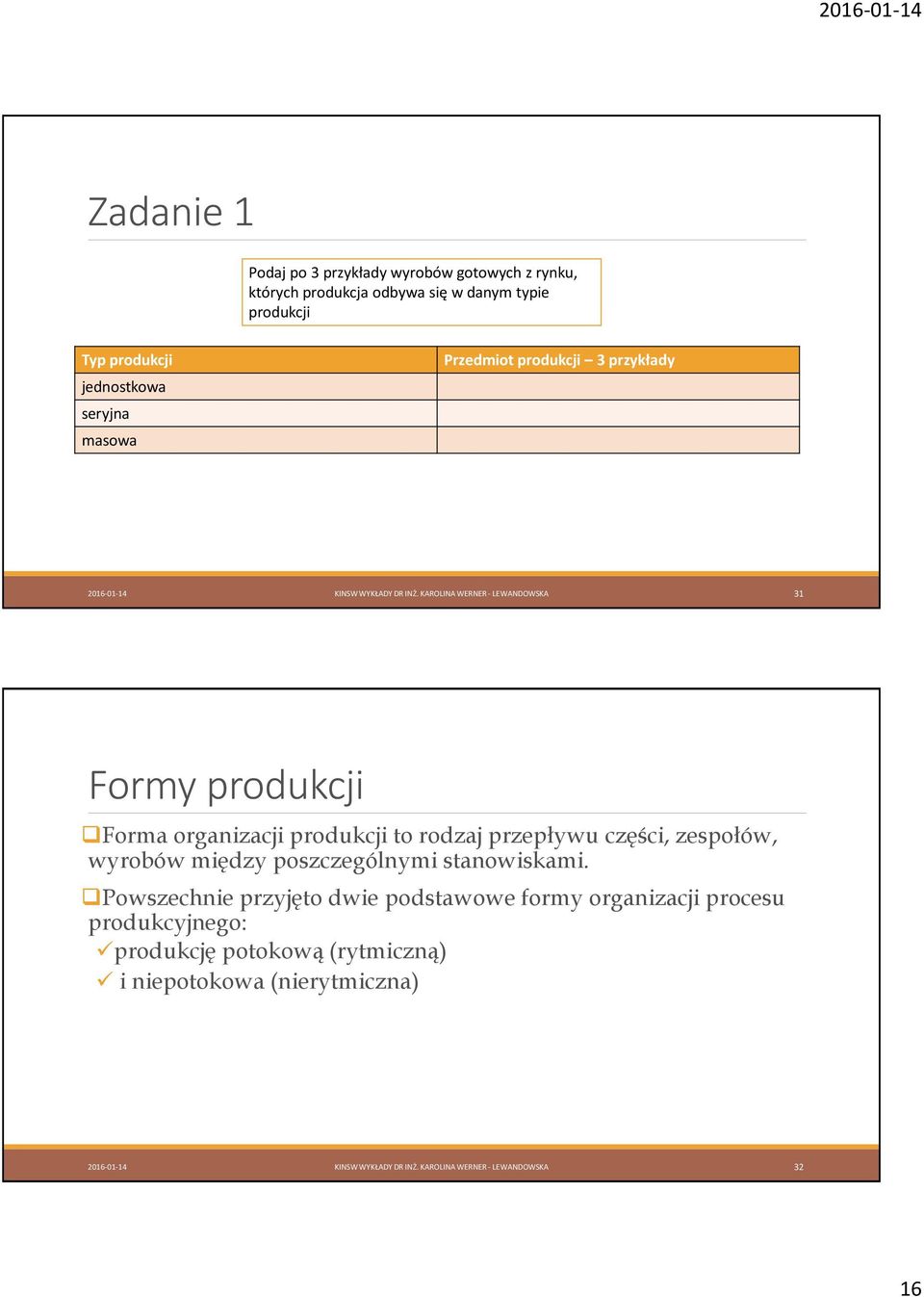 KAROLINA WERNER - LEWANDOWSKA 31 Formy produkcji Forma organizacji produkcji to rodzaj przepływu części, zespołów, wyrobów między poszczególnymi