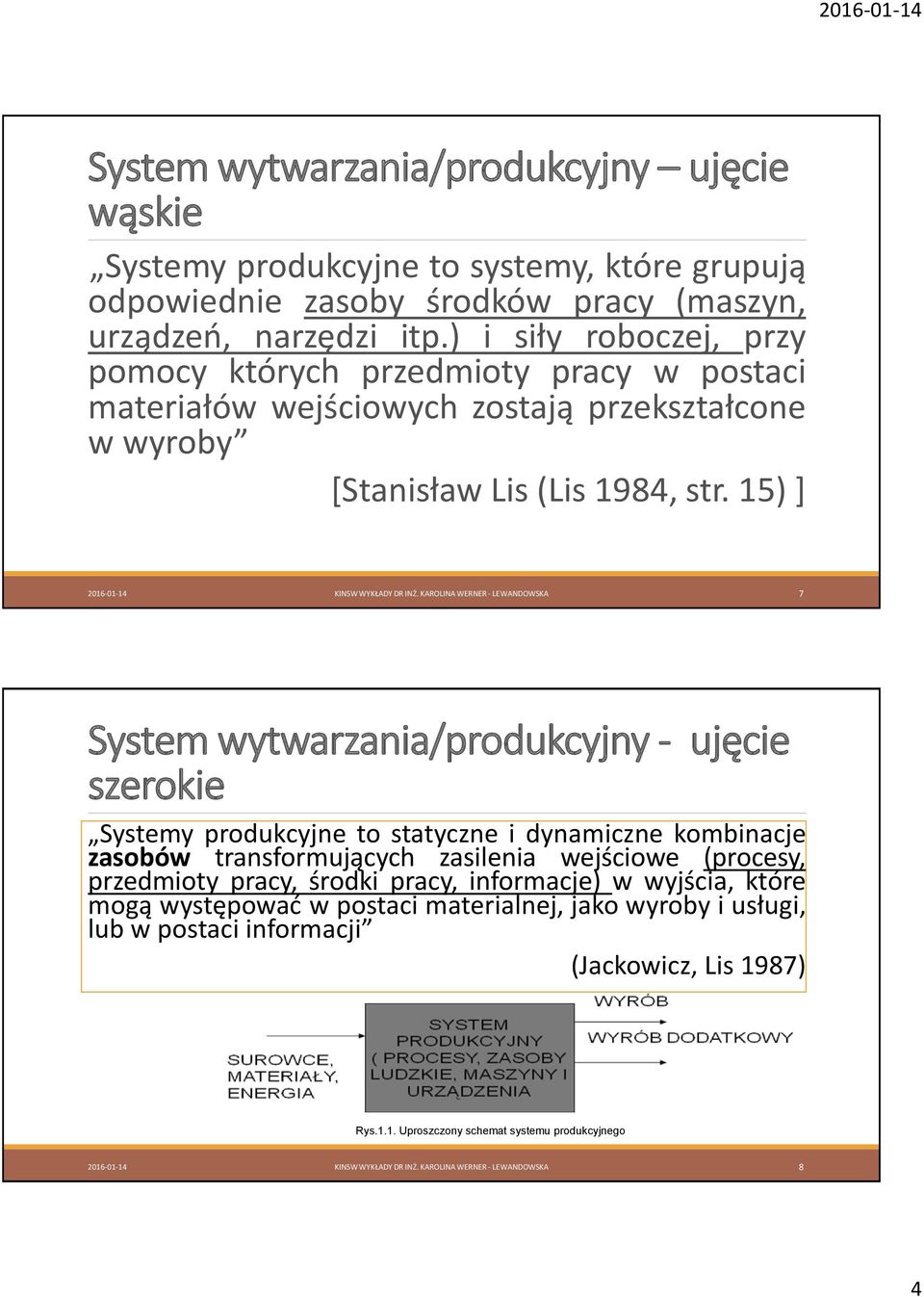 KAROLINA WERNER - LEWANDOWSKA 7 System wytwarzania/produkcyjny - ujęcie szerokie Systemy produkcyjne to statyczne i dynamiczne kombinacje zasobów transformujących zasilenia wejściowe (procesy,