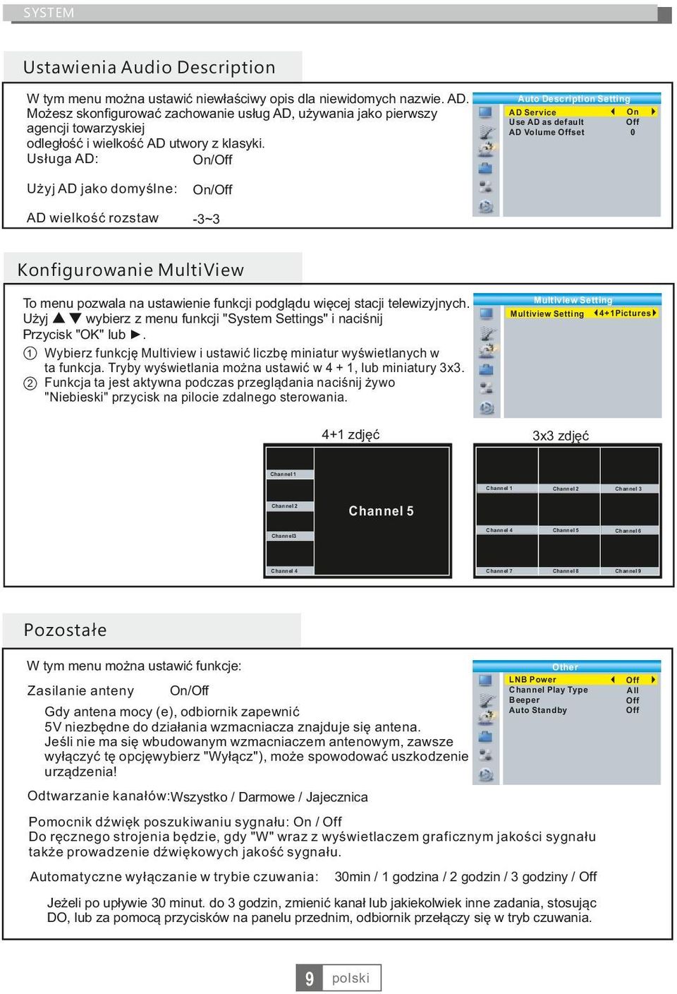 Usługa AD: On/ Użyj AD jako domyślne: On/ AD wielkość rozstaw -~ Auto Description Setting On 0 AD Service Use AD as default AD Volume set Konfigurowanie MultiView To menu pozwala na ustawienie