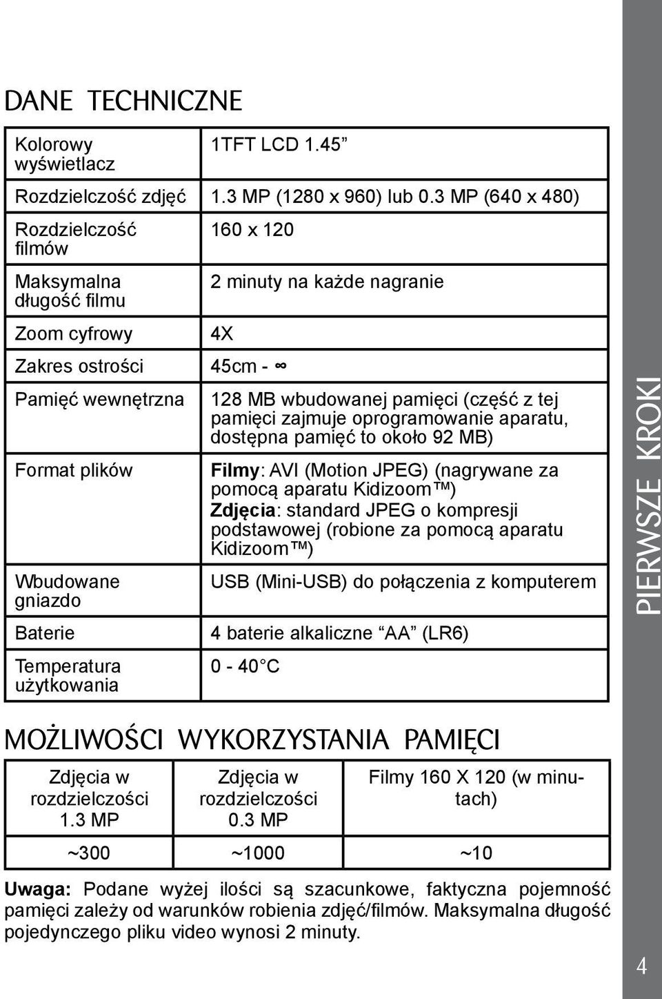 każde nagranie 4X 45cm - 128 MB wbudowanej pamięci (część z tej pamięci zajmuje oprogramowanie aparatu, dostępna pamięć to około 92 MB) Filmy: AVI (Motion JPEG) (nagrywane za pomocą aparatu Kidizoom