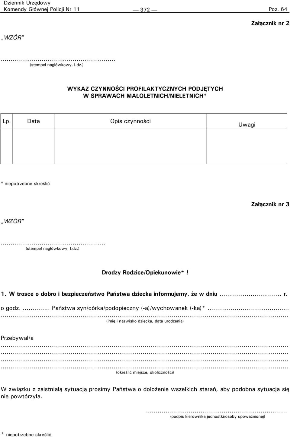 W trosce o dobro i bezpieczeństwo Państwa dziecka informujemy, że w dniu... r. o godz.... Państwa syn/córka/podopieczny (-a)/wychowanek (-ka)*.