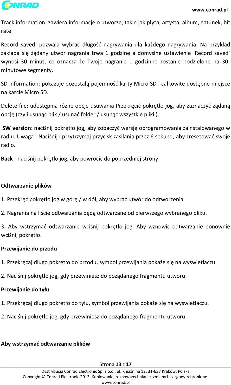 SD information: pokazuje pozostałą pojemność karty Micro SD i całkowite dostępne miejsce na karcie Micro SD.