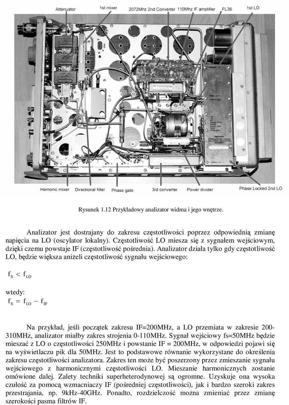 Analizator dziaa tylko gdy czstotliwo LO, bdzie wiksza anieli czstotliwo sygnau wejciowego: LO wtedy: LO Na przykad, jeli pocztek zakresu =200MHz, a LO przemiata w zakresie 200-310MHz, analizator