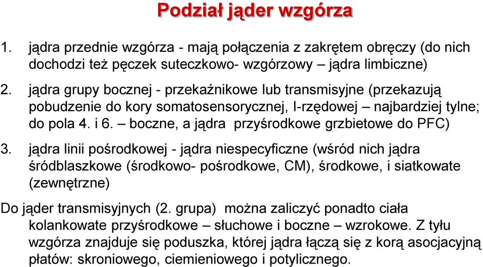 boczne, a jądra przyśrodkowe grzbietowe do PFC) 3.