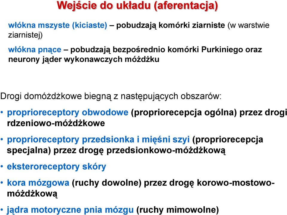 obwodowe (propriorecepcja ogólna) przez drogi rdzeniowo-móżdżkowe proprioreceptory przedsionka i mięśni szyi (propriorecepcja specjalna) przez