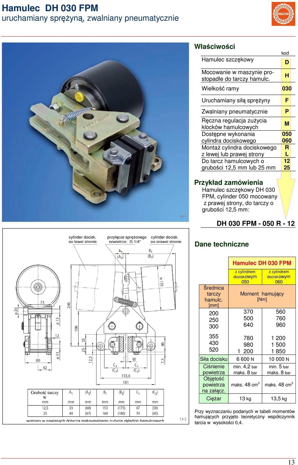 prawej strony Do tarcz hamulcowych o grubości 12,5 mm lub 25 mm F P 050 060 R L 12 25 amulec szczękowy D 030 FP, cylinder 050 mocowany z prawej strony, do tarczy o grubości 12,5 mm: D 030 FP - 050 R