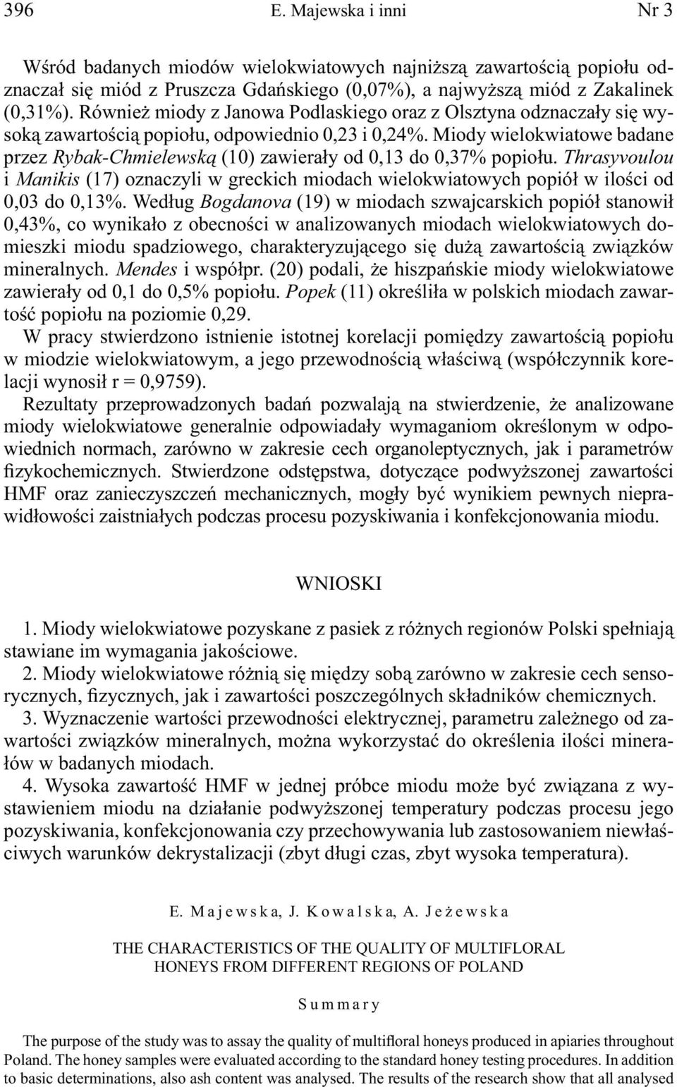 Miody wielokwiatowe badane przez Rybak-Chmielewską (10) zawierały od 0,13 do 0,37% popiołu. Thrasyvoulou i Manikis (17) oznaczyli w greckich miodach wielokwiatowych popiół w ilości od 0,03 do 0,13%.