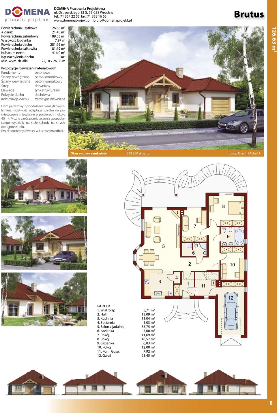 Istnieje możliwość adaptacji strychu na pomieszczenia mieszkalne o powierzchni około 40 m 2. Można część pomieszczenia gospodarczego wydzielić na stałe schody na strych, dostępne z holu.