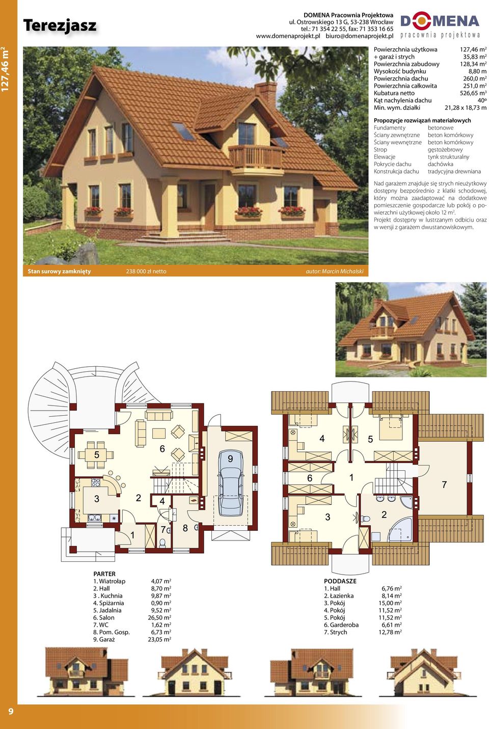 działki 21,28 x 18,73 m Nad garażem znajduje się strych nieużytkowy dostępny bezpośrednio z klatki schodowej, który można zaadaptować na dodatkowe pomieszczenie gospodarcze lub pokój o powierzchni