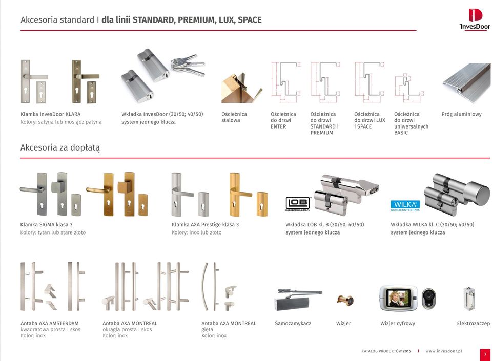 Kolory: tytan lub stare złoto Klamka AXA Prestige klasa 3 Kolory: inox lub złoto Wkładka LOB kl. B (30/50; 40/50) system jednego klucza Wkładka WILKA kl.