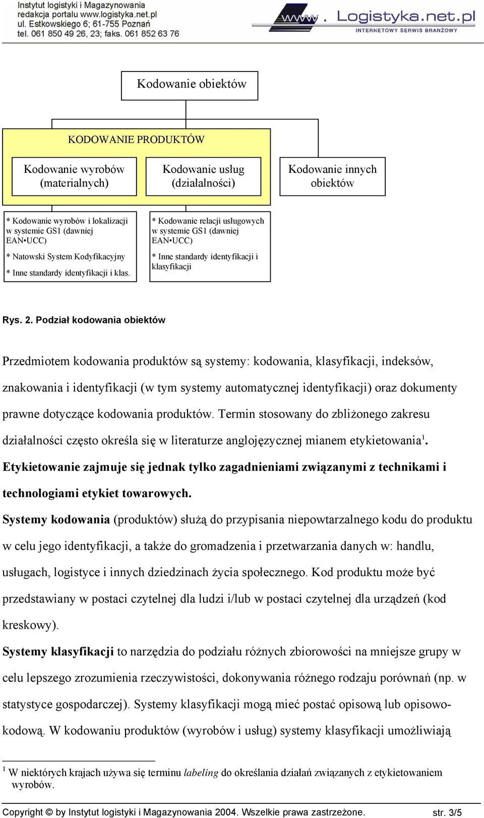 Podział kodowania obiektów Przedmiotem kodowania produktów są systemy: kodowania, klasyfikacji, indeksów, znakowania i identyfikacji (w tym systemy automatycznej identyfikacji) oraz dokumenty prawne