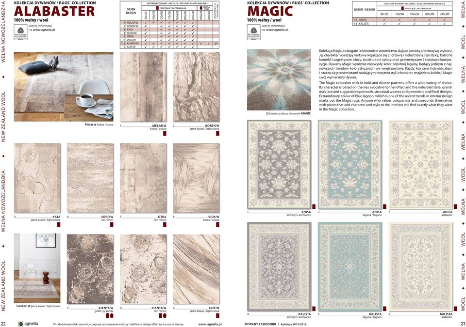 KIANTA W len / linen 2 BOREN W jasne kakao / light cocoa 6 VIDA W kakao / cocoa 9 ALTE W jasne kakao / light cocoa MAGIC Zbliżenie struktury dywanów MAGIC 1 ANISA antracyt / anthracite 4 KALISTA