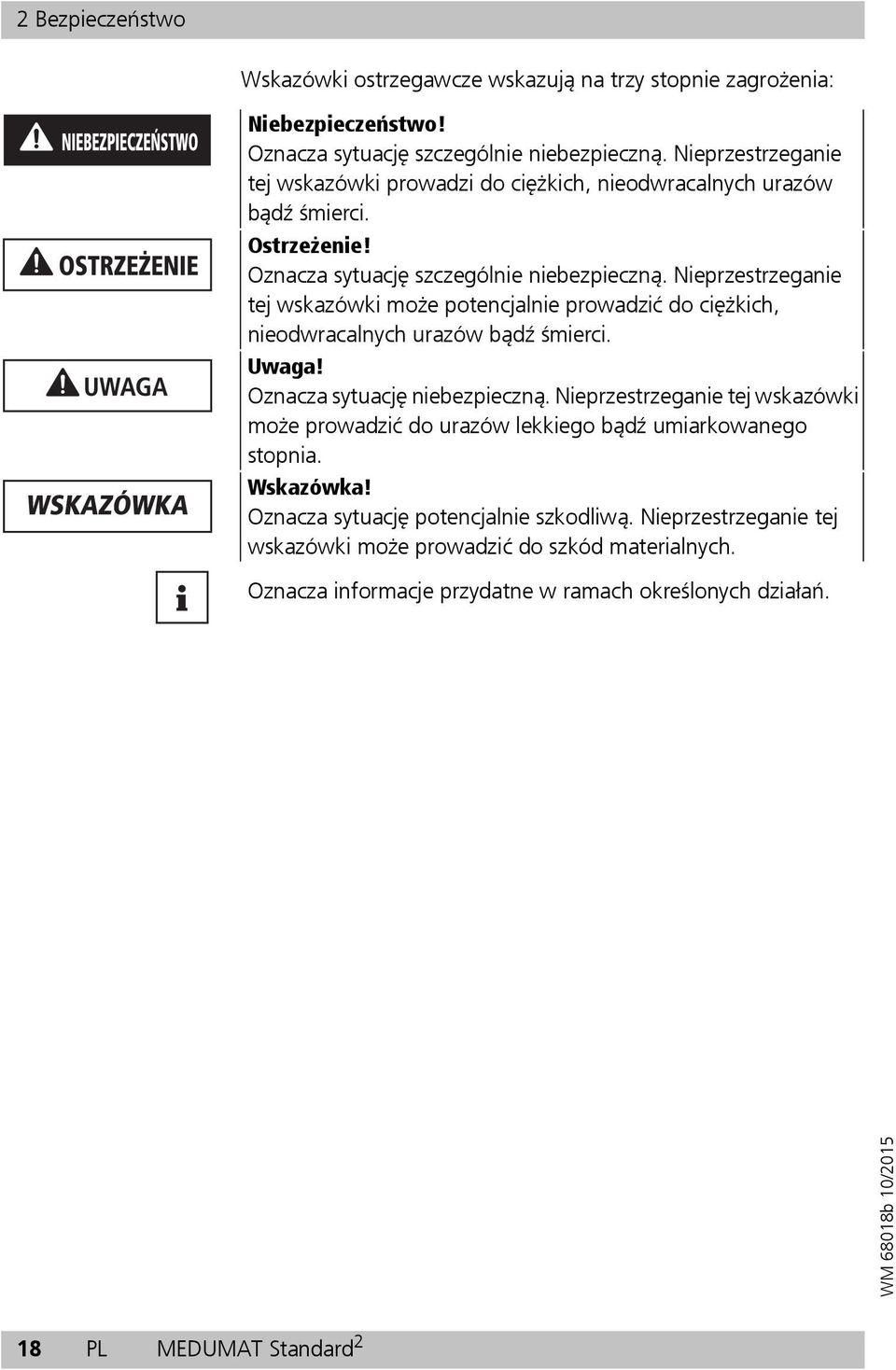 Nieprzestrzeganie tej wskazówki może potencjalnie prowadzić do ciężkich, nieodwracalnych urazów bądź śmierci. Uwaga! Oznacza sytuację niebezpieczną.