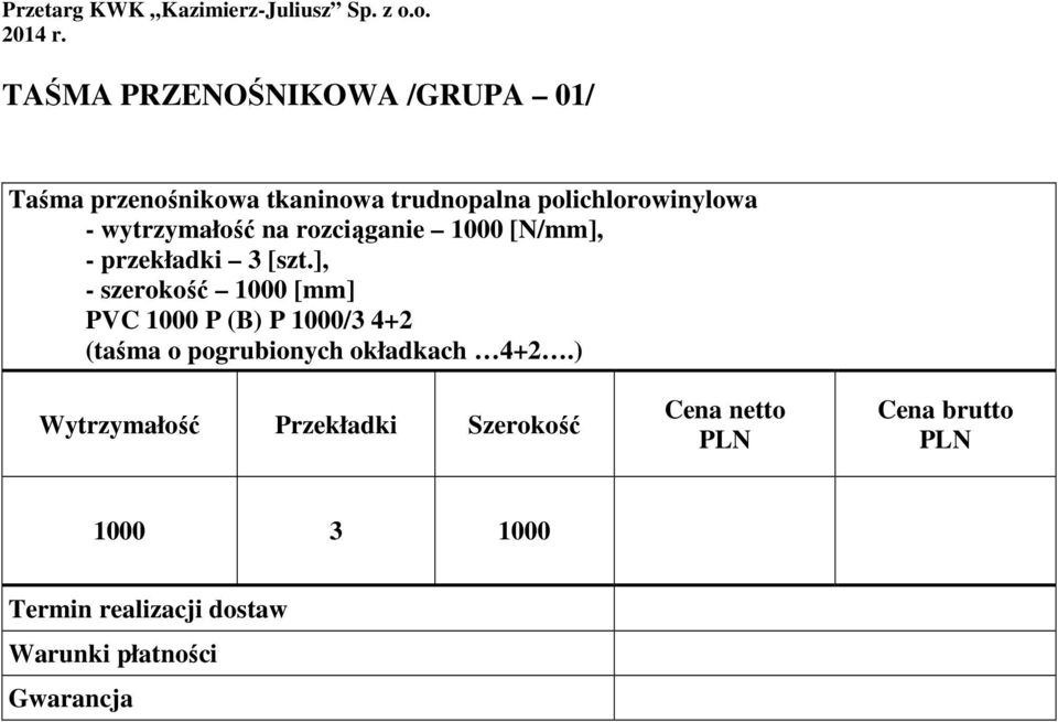 wytrzymałość na rozciąganie 1000 [N/mm], - przekładki 3 [], - szerokość 1000 [mm] PVC 1000 P