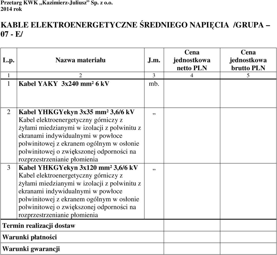 osłonie polwinitowej o zwiększonej odporności na rozprzestrzenianie płomienia 3 Kabel YHKGYekyn 3x120 mm² 3,6/6 kv Kabel elektroenergetyczny górniczy z Ŝyłami miedzianymi w izolacji z