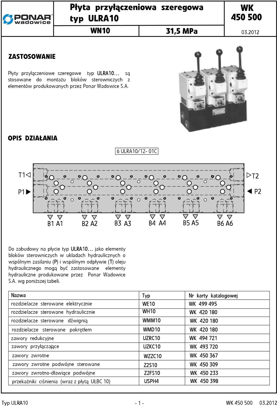 . OPIS DZIŁNI 6 ULR10/12 01C 1 P1 2 P2 B1 1 B2 2 B3 3 B4 4 B5 5 B6 6 Do zabudowy na płycie typ ULR10 jako elementy bloków sterowniczych w układach hydraulicznych o wspólnym zasilaniu (P) i wspólnym