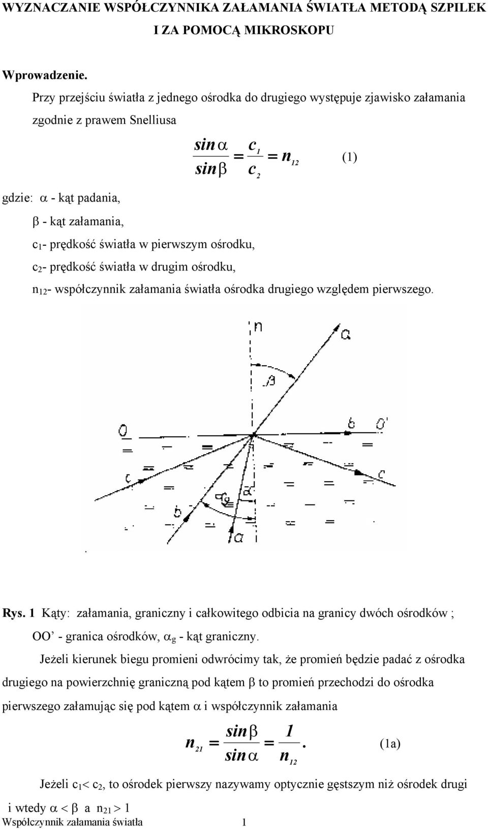 - prędkość światła w drugim ośrodku, - współzyik załamaia światła ośrodka drugiego względem pierwszego. Rys.