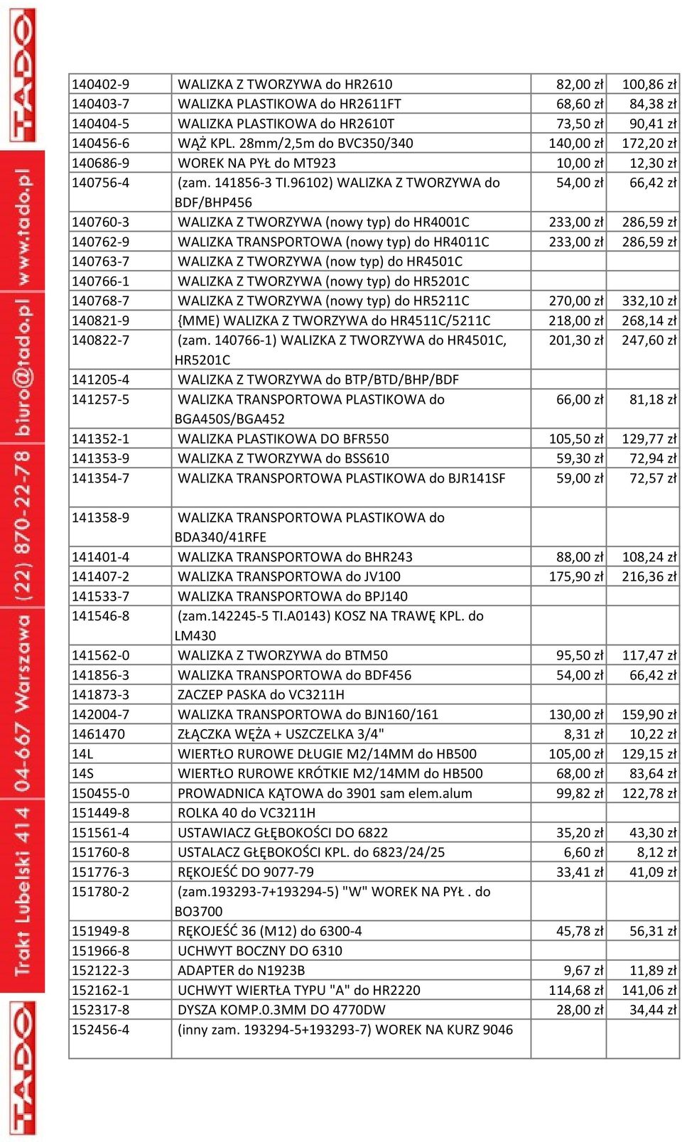 96102) WALIZKA Z TWORZYWA do 54,00 zł 66,42 zł BDF/BHP456 140760-3 WALIZKA Z TWORZYWA (nowy typ) do HR4001C 233,00 zł 286,59 zł 140762-9 WALIZKA TRANSPORTOWA (nowy typ) do HR4011C 233,00 zł 286,59 zł
