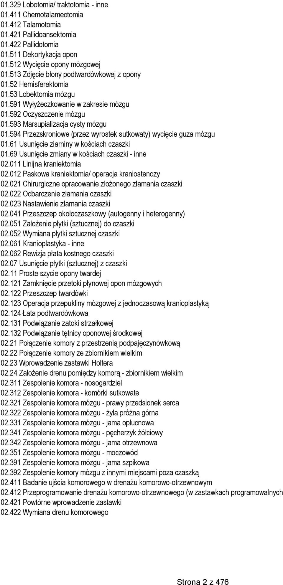 594 Przezskroniowe (przez wyrostek sutkowaty) wycięcie guza mózgu 01.61 Usunięcie ziarniny w kościach czaszki 01.69 Usunięcie zmiany w kościach czaszki - inne 02.011 Linijna kraniektomia 02.