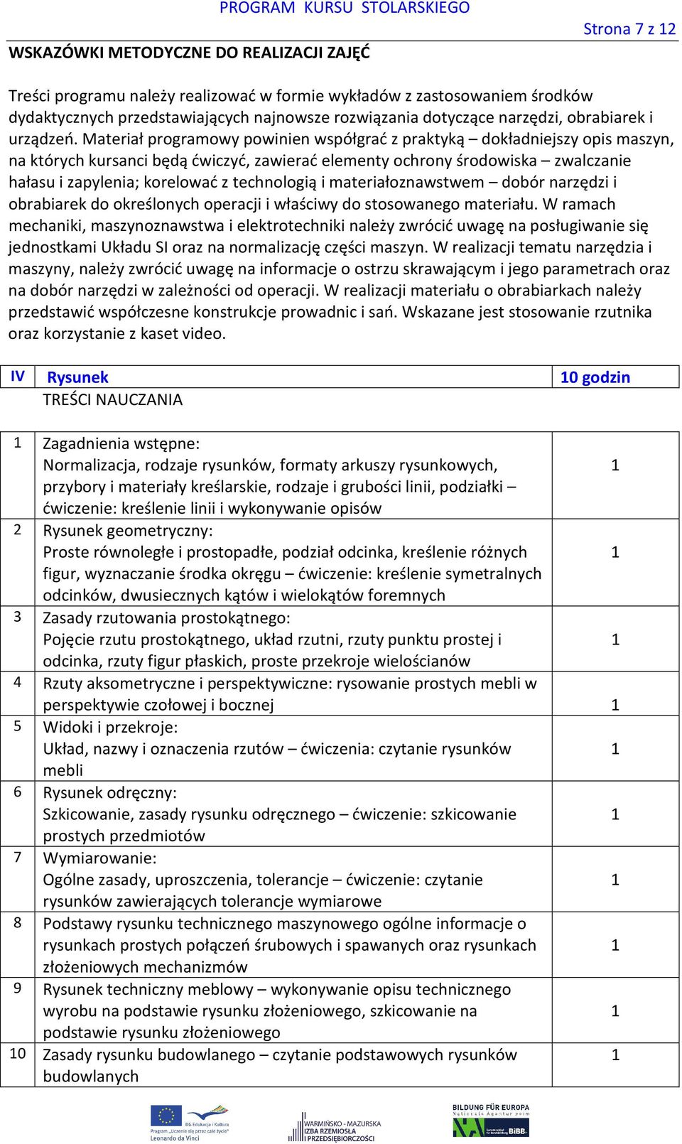 Materiał programowy powinien współgrać z praktyką dokładniejszy opis maszyn, na których kursanci będą ćwiczyć, zawierać elementy ochrony środowiska zwalczanie hałasu i zapylenia; korelować z