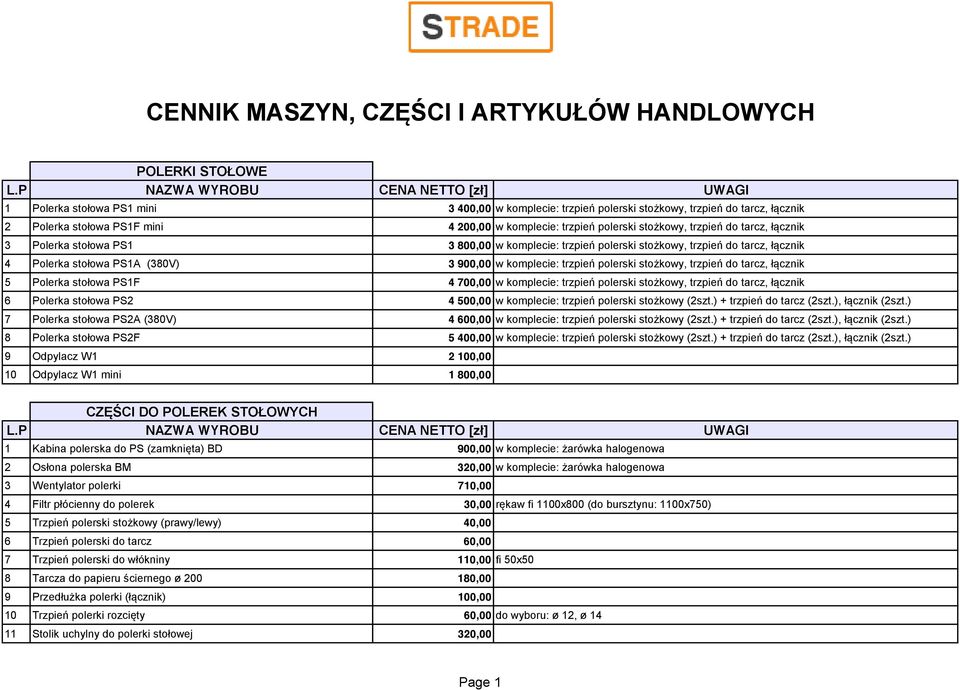 900,00 w komplecie: trzpień polerski stożkowy, trzpień do tarcz, łącznik 5 Polerka stołowa PS1F 4 700,00 w komplecie: trzpień polerski stożkowy, trzpień do tarcz, łącznik 6 Polerka stołowa PS2 4