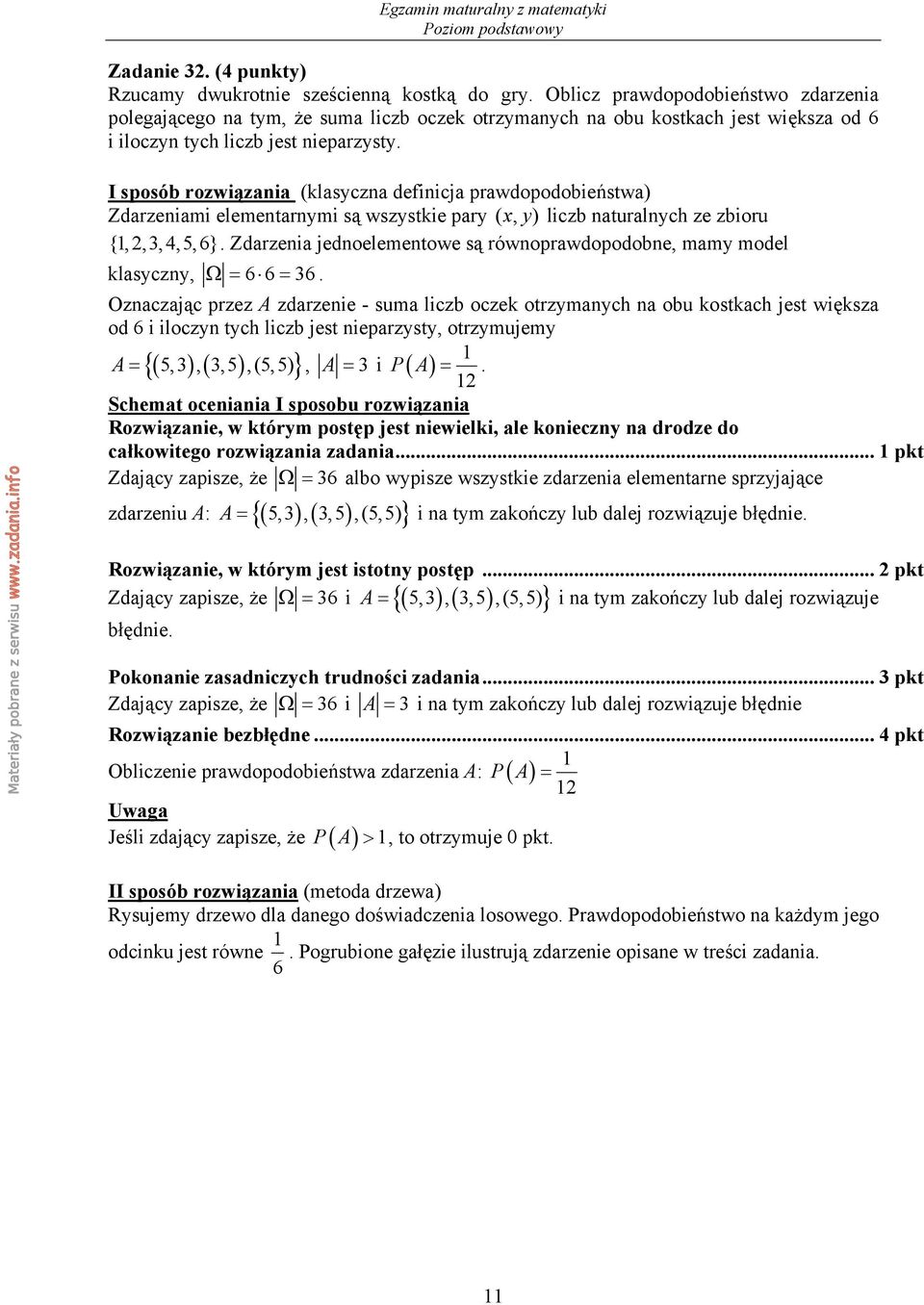 I sposób rozwiązania (klasyczna definicja prawdopodobieństwa) Zdarzeniami elementarnymi są wszystkie pary ( x, y ) liczb naturalnych ze zbioru {,,3,4,5,6}.