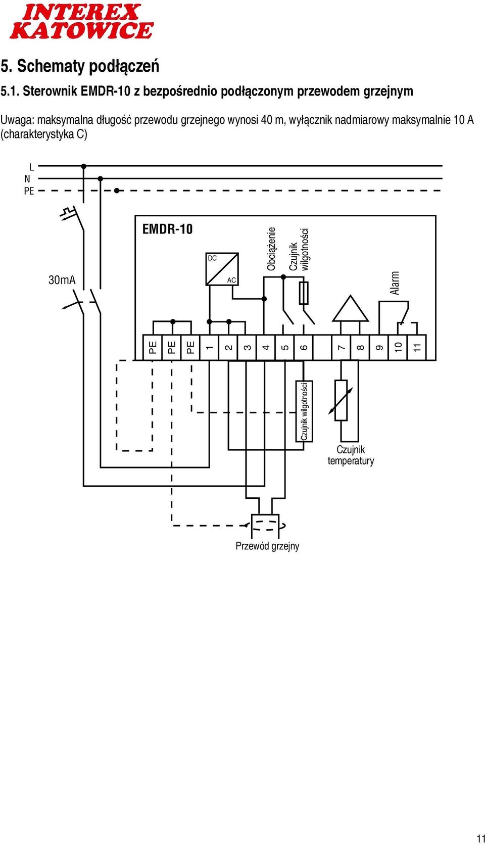 grzejnego wynosi 40 m, wyłącznik nadmiarowy maksymalnie 10 A (charakterystyka C) L N 30mA EMDR-10 DC AC